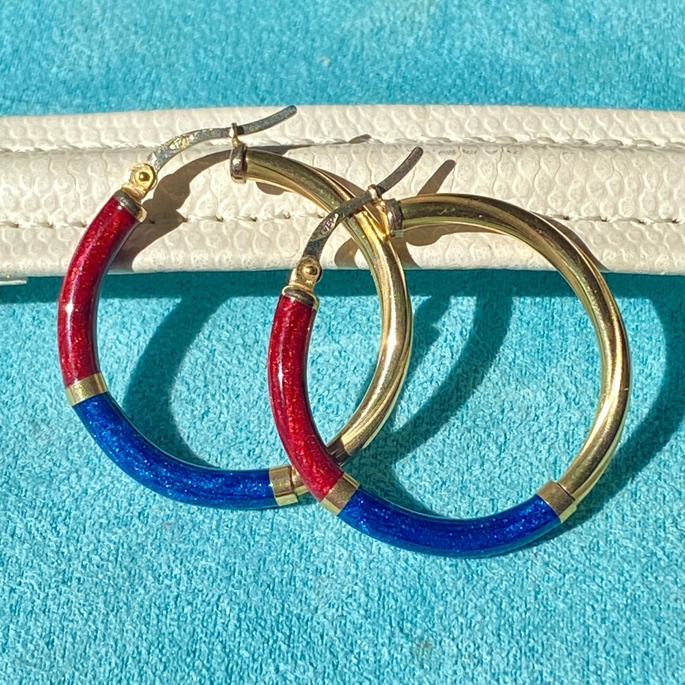 Italian I8K Gold and Enamel Hoop Earrings